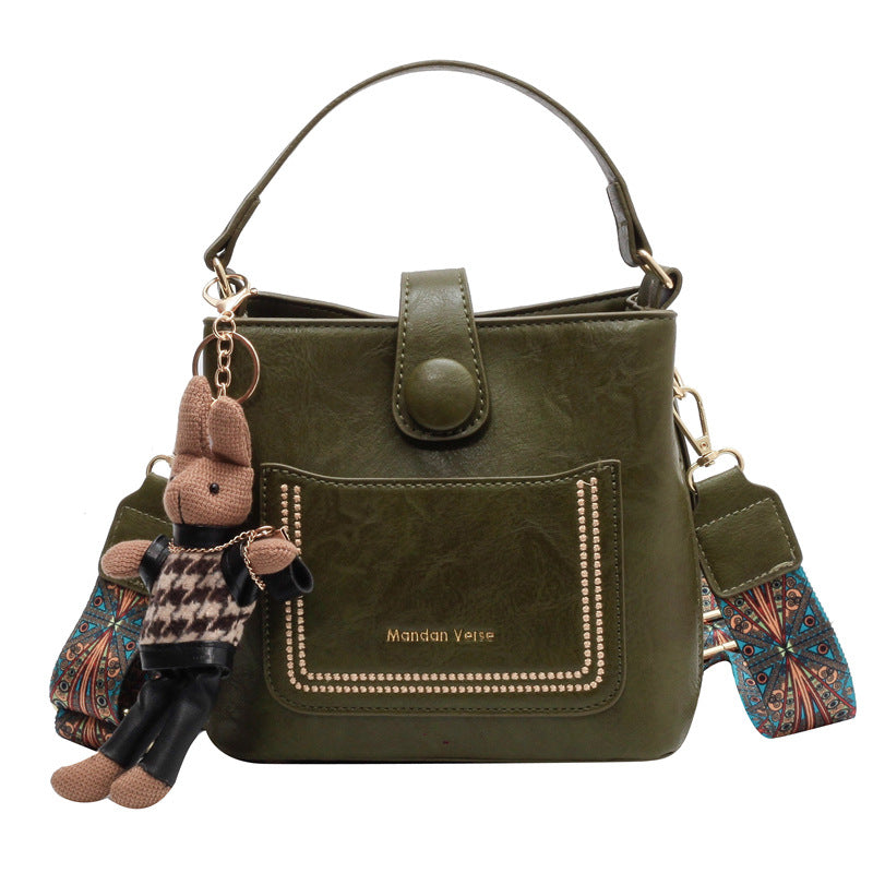 Vintage Style PU Leather Bucket Bag with Wide Patterned Strap & Optional Bunny Charm(green)