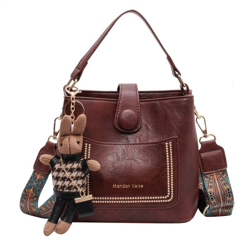 Vintage Style PU Leather Bucket Bag with Wide Patterned Strap & Optional Bunny Charm(red brown)