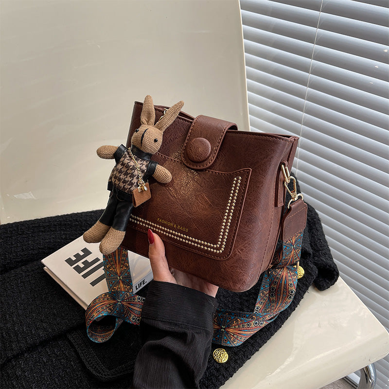 Vintage Style PU Leather Bucket Bag with Wide Patterned Strap & Optional Bunny Charm(red brown)