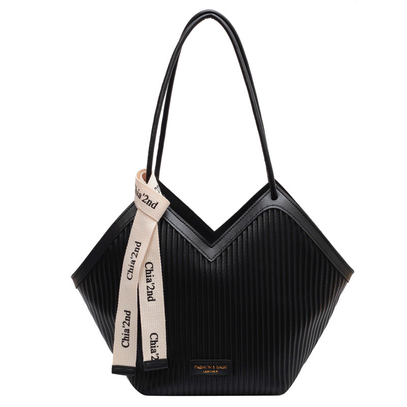 Chic Textured PU Leather Tote Bag with V-Cut Design & Decorative Ribbon Strap Accent(black)
