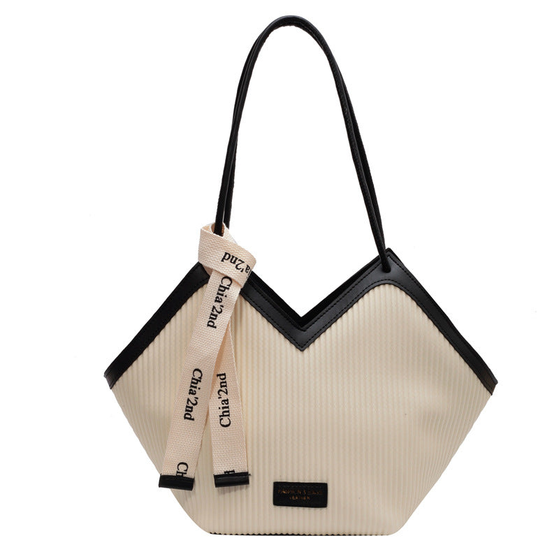 Chic Textured PU Leather Tote Bag with V-Cut Design & Decorative Ribbon Strap Accent(White)