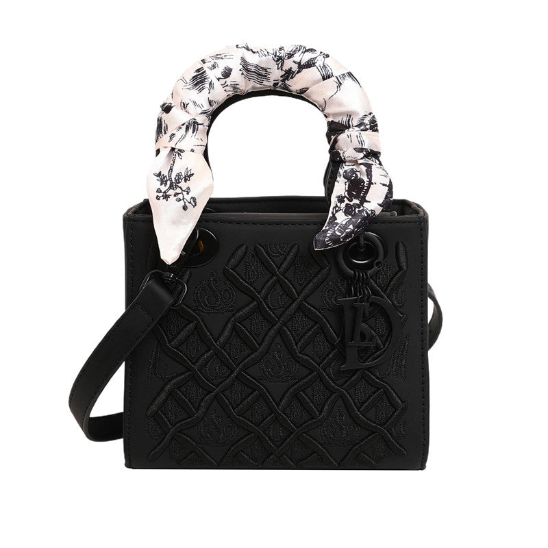Elegant Embossed PU Leather Handbag with Scarf Detail - Versatile Top-Handle & Crossbody Bag(black)
