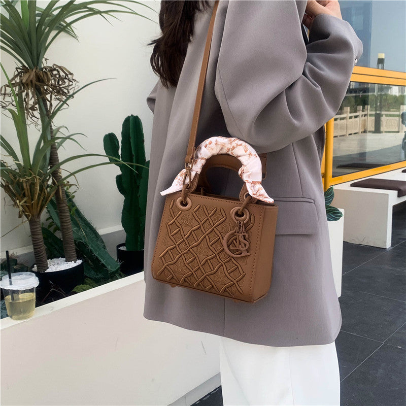 Elegant Embossed PU Leather Handbag with Scarf Detail - Versatile Top-Handle & Crossbody Bag(dark blue)