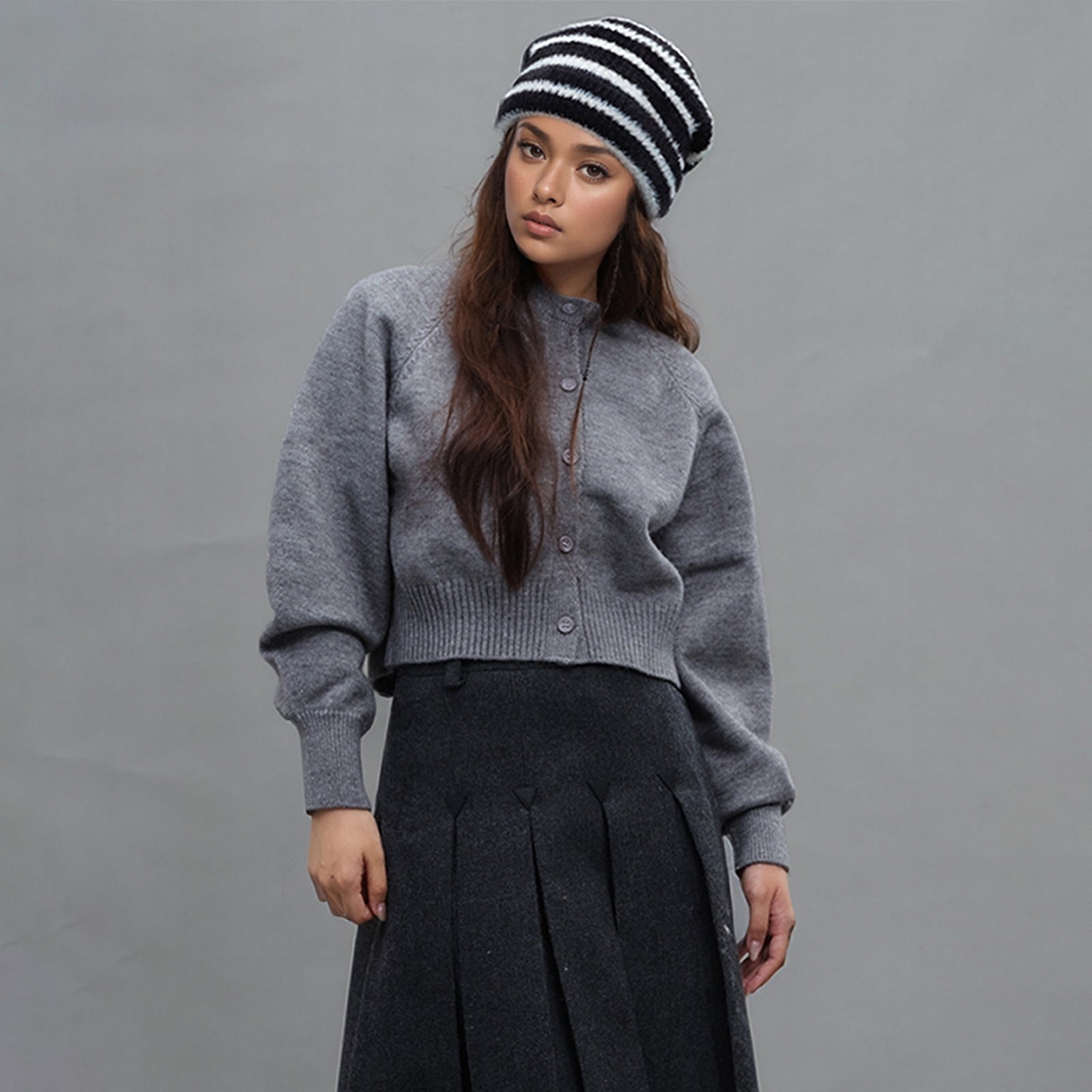 Trendy Dual-Tone Striped Beanie - Soft Plush Knit, Versatile Winter Cap (Black and white)