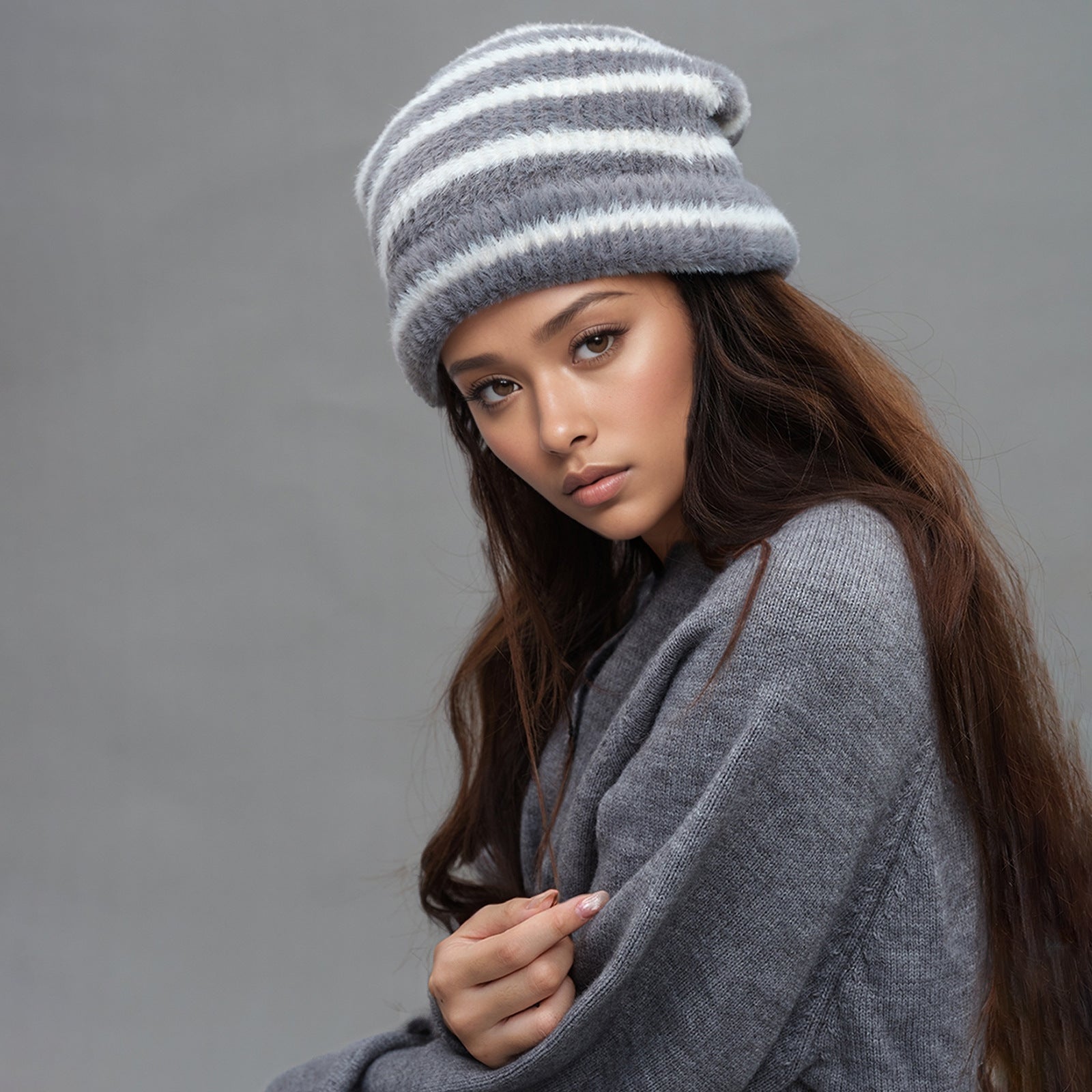 Trendy Dual-Tone Striped Beanie - Soft Plush Knit, Versatile Winter Cap (Gray and white)