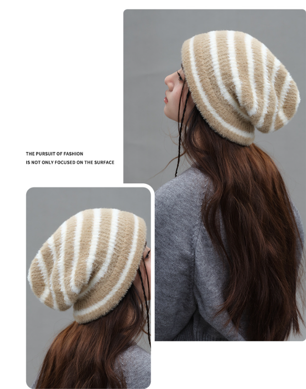 Trendy Dual-Tone Striped Beanie - Soft Plush Knit, Versatile Winter Cap (Khaki and white)