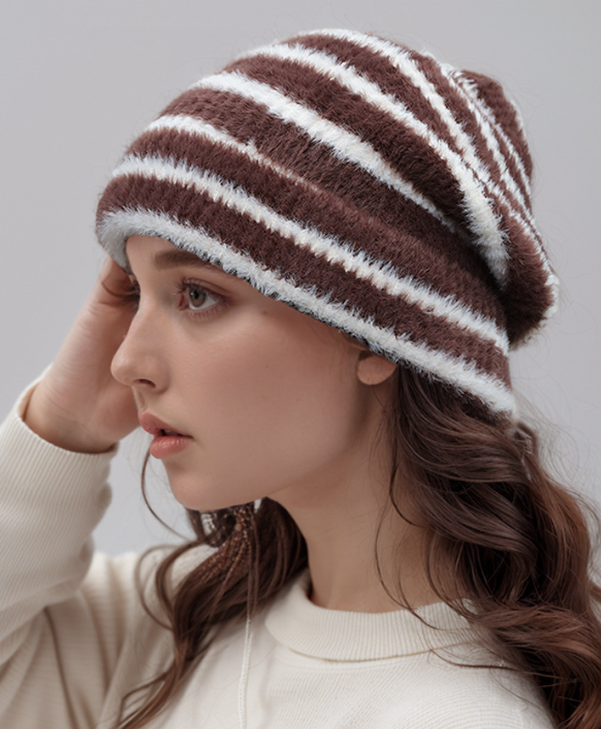 Trendy Dual-Tone Striped Beanie - Soft Plush Knit, Versatile Winter Cap (Brown and white)