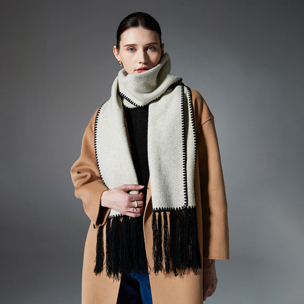 Beige Contrast Edge & Tassel Scarf - Chic Autumn/Winter Neckwear (190x30cm)