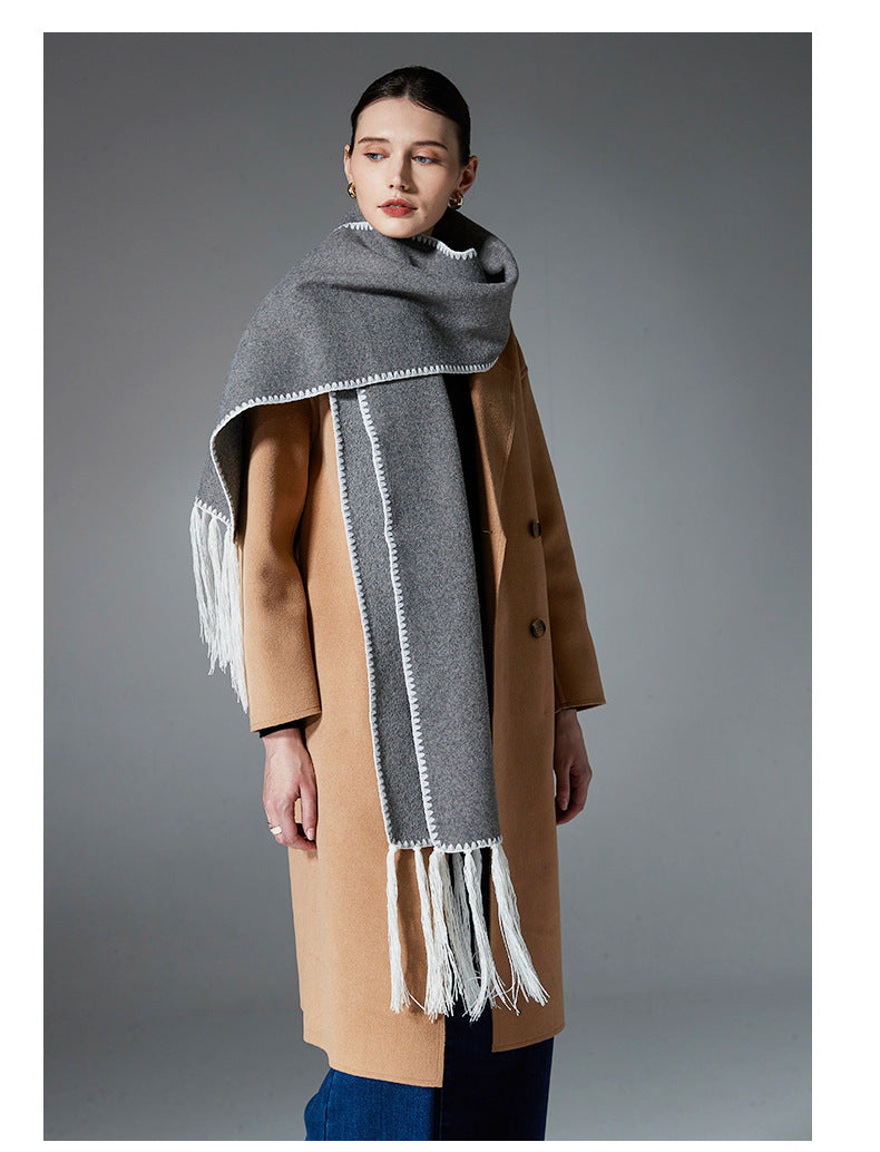 Gray Contrast Edge & Tassel Scarf - Chic Autumn/Winter Neckwear (190x30cm)