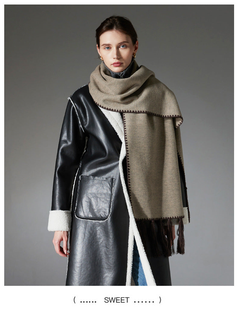 Dark brown Contrast Edge & Tassel Scarf - Chic Autumn/Winter Neckwear (190x30cm)