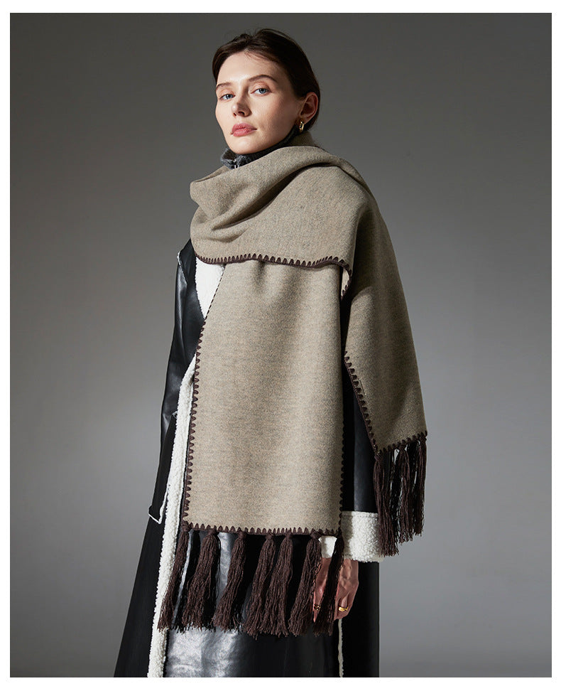Dark brown Contrast Edge & Tassel Scarf - Chic Autumn/Winter Neckwear (190x30cm)