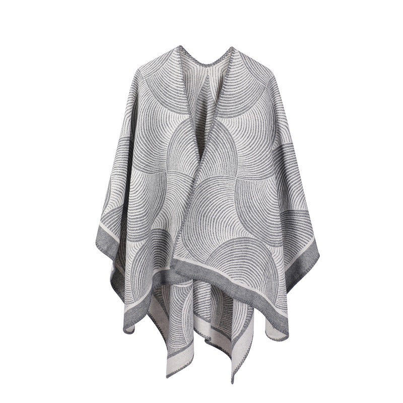 Grey Geometric Print Cape - Cozy Knit Poncho for Women (165x130cm)
