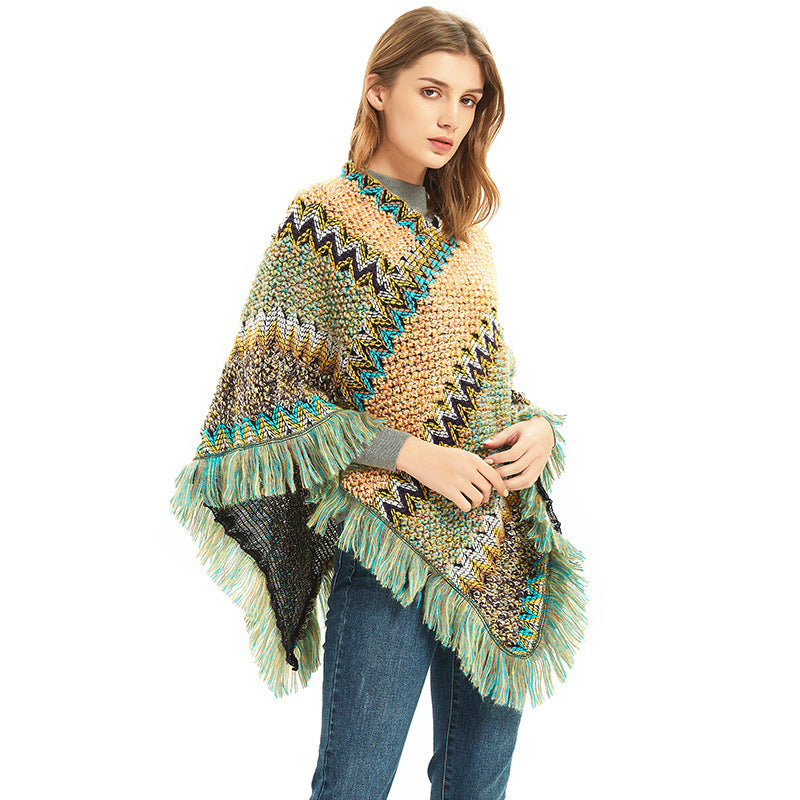 Light yellow-green Lightweight Chevron Knit Poncho for Women - Elegant Fringed Shawl Wrap