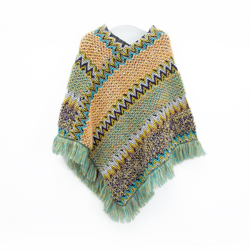 Light yellow-green Lightweight Chevron Knit Poncho for Women - Elegant Fringed Shawl Wrap