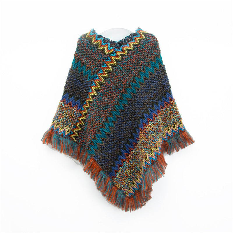 Navy blue Lightweight Chevron Knit Poncho for Women - Elegant Fringed Shawl Wrap