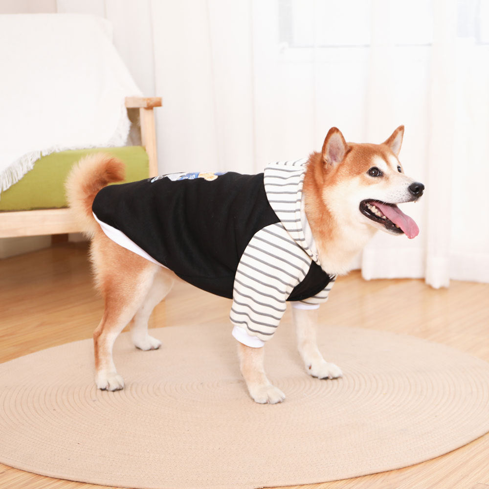 Autumn/Winter Dog Clothes - Black Hoodie with Striped Hood & Baseball Bear (Size - M)