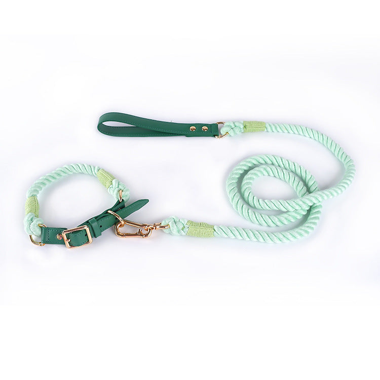 Premium Leather Pet Collar and Leash - Soft, Strong Braided Rope (Green - Size S)