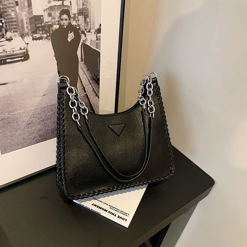 Black Chic PU Leather Shoulder Bag with Chain Strap & Whipstitch Detail