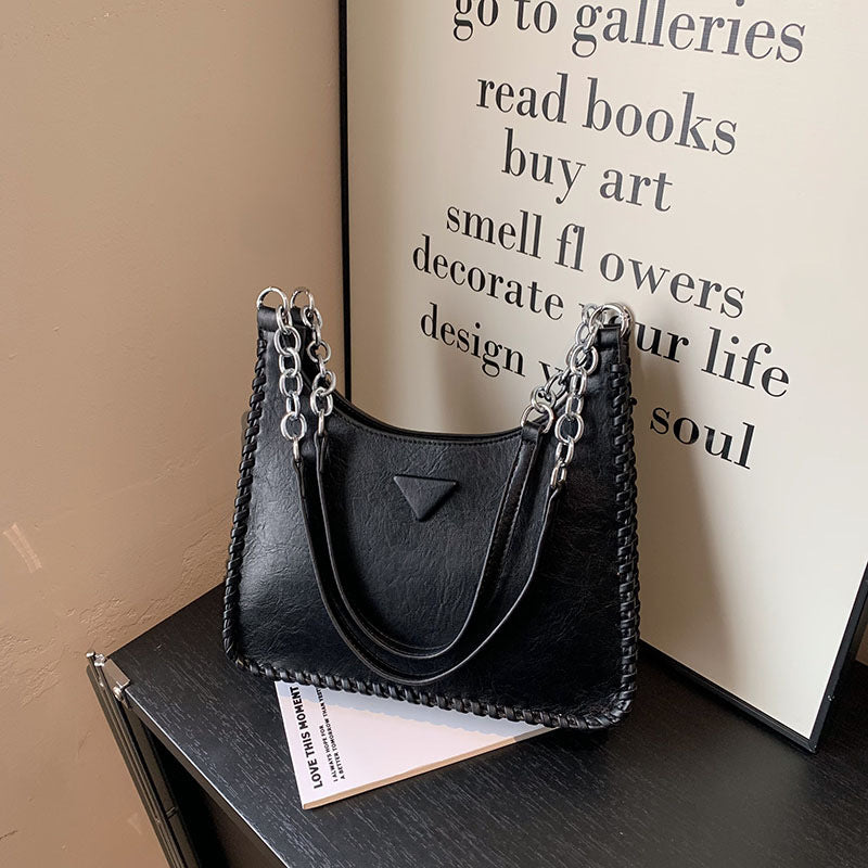 Black Chic PU Leather Shoulder Bag with Chain Strap & Whipstitch Detail