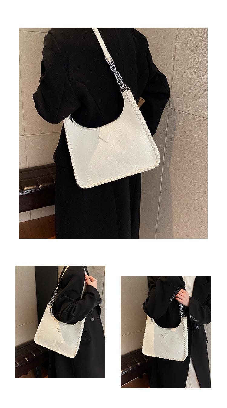 Beige Chic PU Leather Shoulder Bag with Chain Strap & Whipstitch Detail