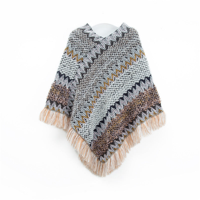 Gray Lightweight Chevron Knit Poncho for Women - Elegant Fringed Shawl Wrap