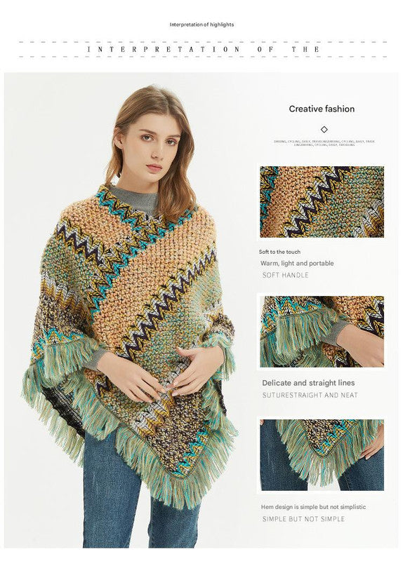 Blue brown Lightweight Chevron Knit Poncho for Women - Elegant Fringed Shawl Wrap