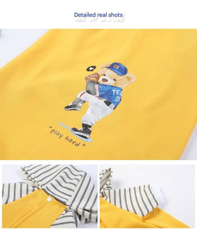 Autumn/Winter Dog Clothes - Grey Hoodie with Striped Hood & Baseball Bear (Size - XL)