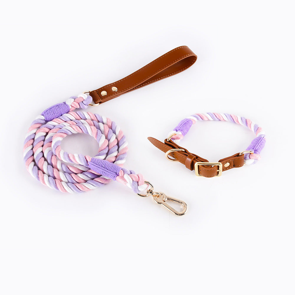 Premium Leather Pet Collar and Leash - Soft, Strong Braided Rope (Pink Purple - Size L)