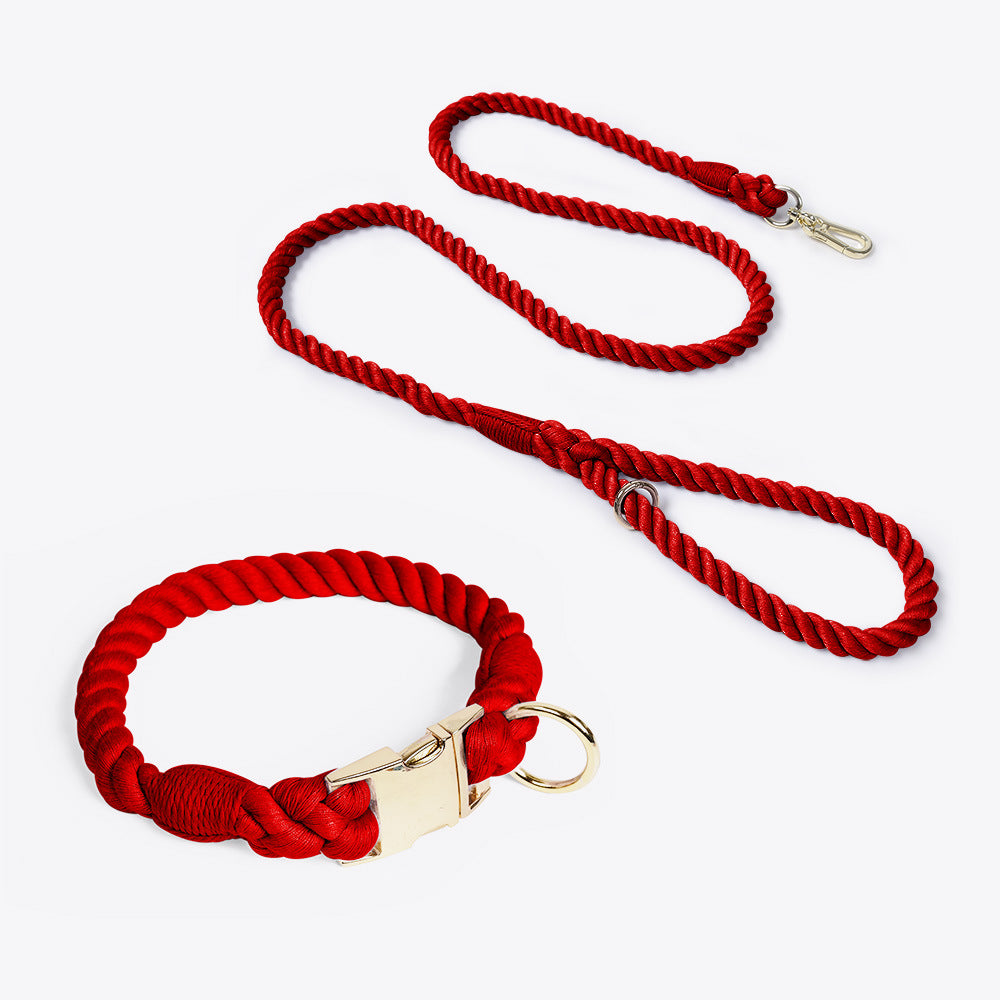 Handmade Rope Dog Collar and Leash Set - Colorful Woven Cotton Cotton (Wine red - Size M)