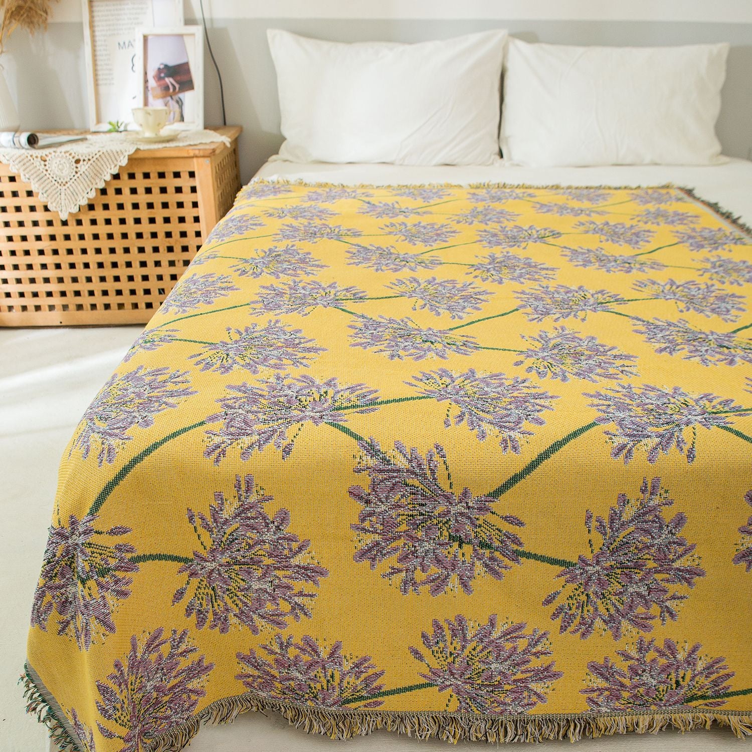 Yellow & Purple Floral Woven Throw Blanket - Chic Botanical Print with Tassels, Cotton Blend Sofa & Bed Cover