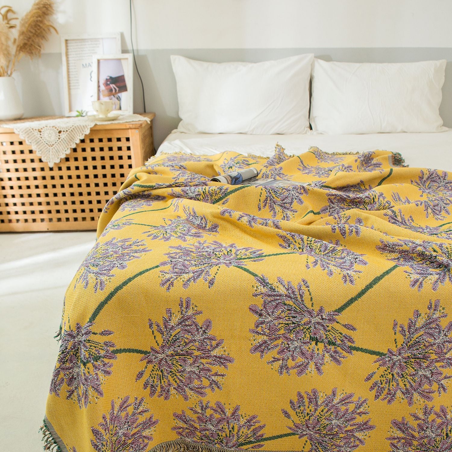 Yellow & Purple Floral Woven Throw Blanket - Chic Botanical Print with Tassels, Cotton Blend Sofa & Bed Cover