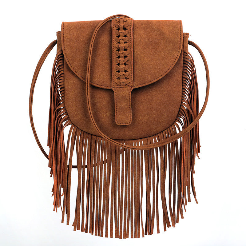 Brown Chic Bohemian Fringe Crossbody Bag - Suede-Look PU Leather with Braided Detail & Adjustable Strap