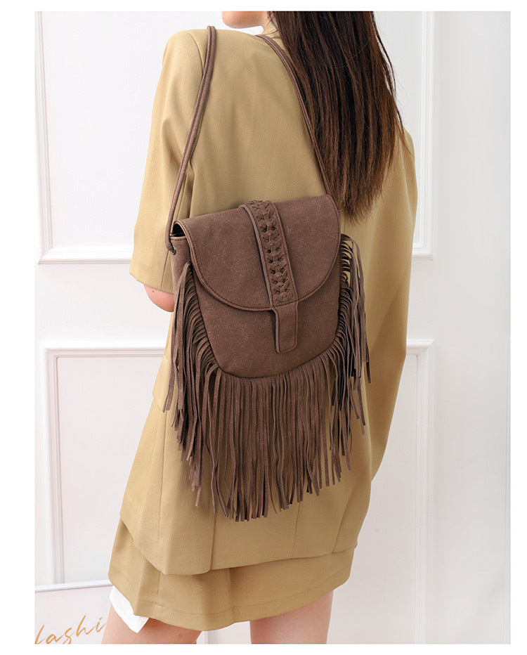 Brown Chic Bohemian Fringe Crossbody Bag - Suede-Look PU Leather with Braided Detail & Adjustable Strap