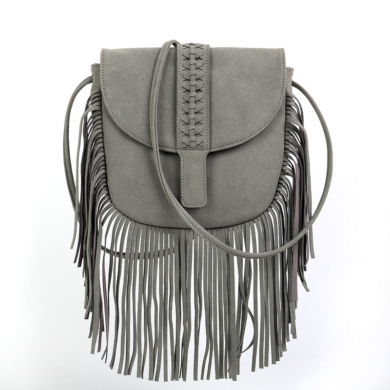 Grey Chic Bohemian Fringe Crossbody Bag - Suede-Look PU Leather with Braided Detail & Adjustable Strap