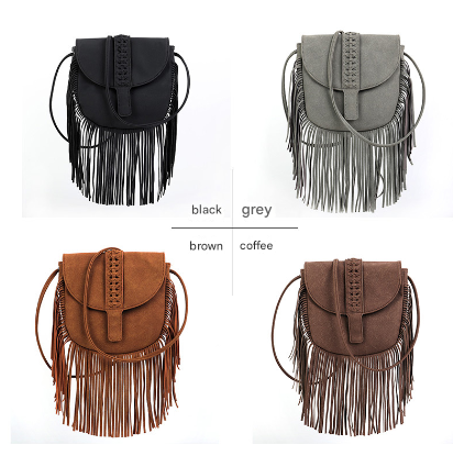 Grey Chic Bohemian Fringe Crossbody Bag - Suede-Look PU Leather with Braided Detail & Adjustable Strap