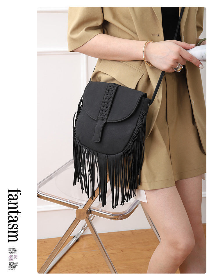 Grey Chic Bohemian Fringe Crossbody Bag - Suede-Look PU Leather with Braided Detail & Adjustable Strap