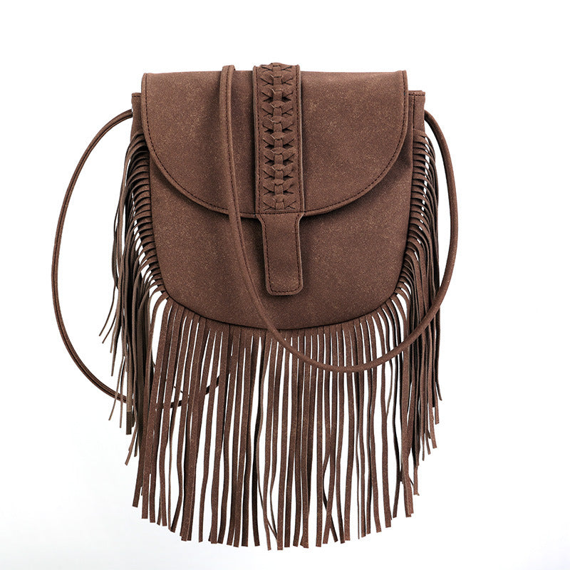Coffee Chic Bohemian Fringe Crossbody Bag - Suede-Look PU Leather with Braided Detail & Adjustable Strap