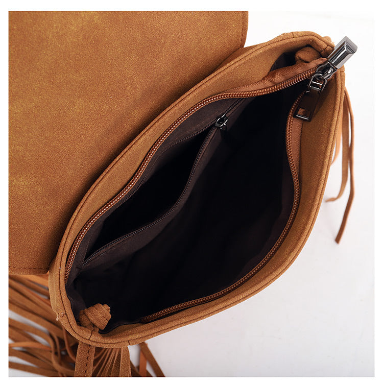 Coffee Chic Bohemian Fringe Crossbody Bag - Suede-Look PU Leather with Braided Detail & Adjustable Strap