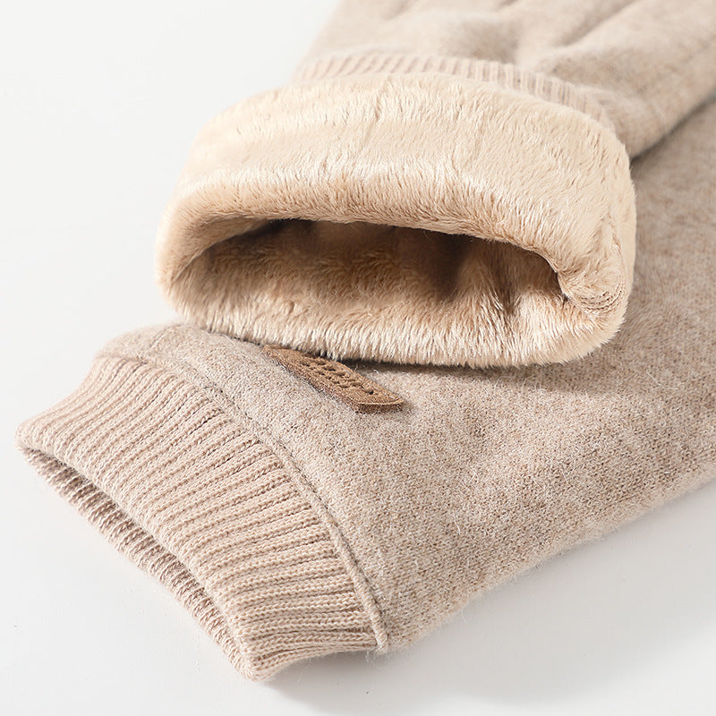 Beige Elegant Women's Wool Blend Winter Gloves - Cozy Fleece-Lined Touchscreen Warmth