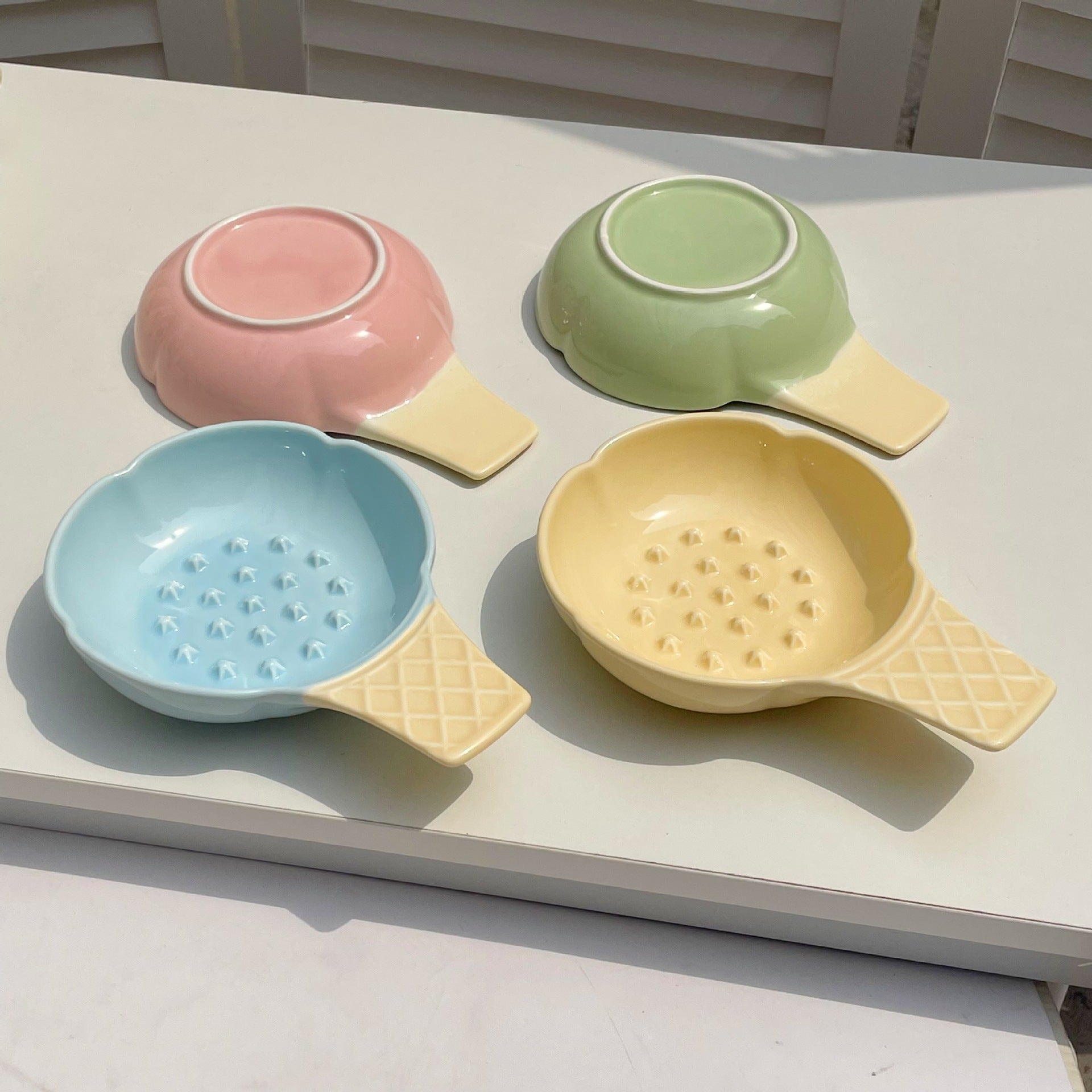 Green and Yellow Adorable Ice Cream Cone Ceramic Slow Feeder Pet Bowl - Fun Anti-Gulp Design for Cats & Dogs