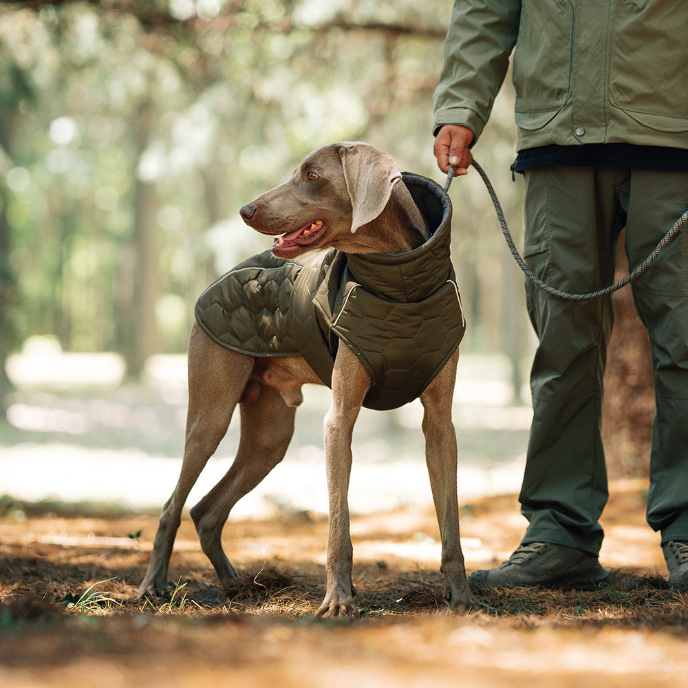 Size L Olive Green Warm Quilted Dog Winter Coat - Adjustable Fleece-Lined Puffer Vest with Reflective Trim & Leash Port