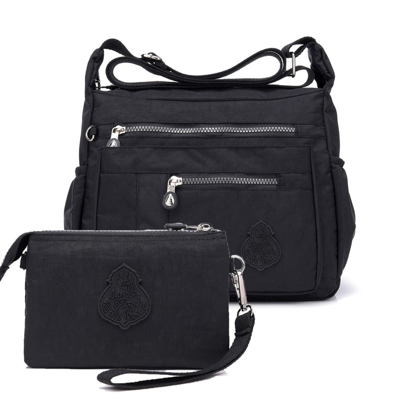 Black Versatile Womens Nylon Water-Repellent Crossbody Shoulder Bag Set with Matching Clutch Pouch - Lightweight & Multi-Pocket