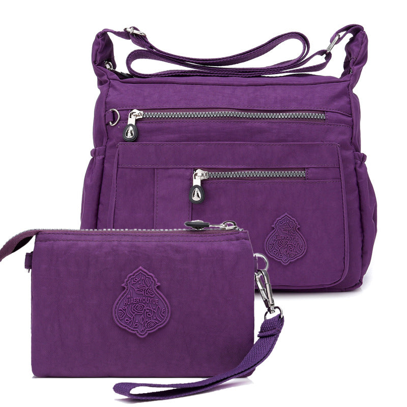 Purple Versatile Womens Nylon Water-Repellent Crossbody Shoulder Bag Set with Matching Clutch Pouch - Lightweight & Multi-Pocket