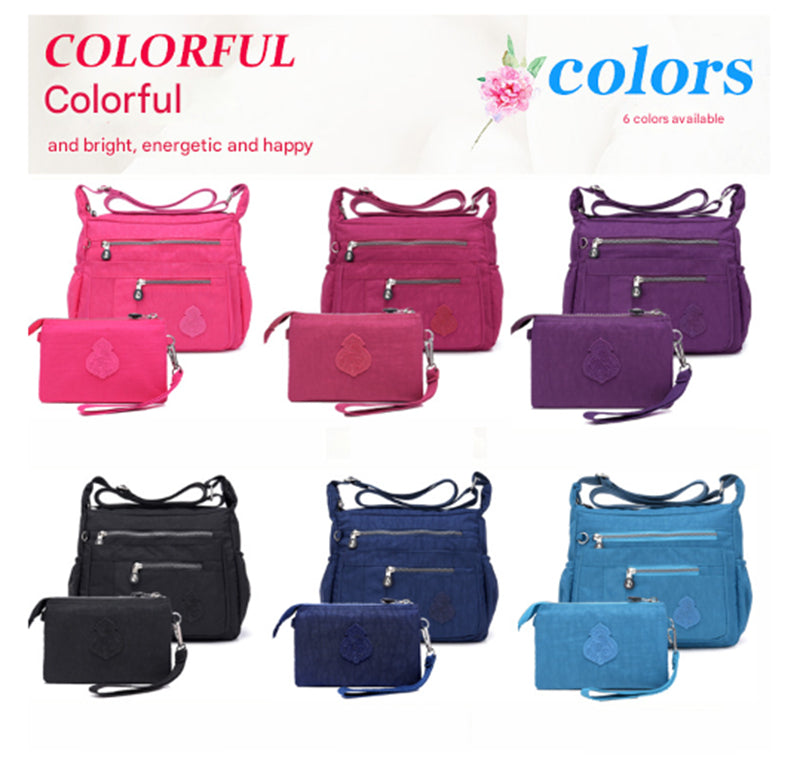 Purple Versatile Womens Nylon Water-Repellent Crossbody Shoulder Bag Set with Matching Clutch Pouch - Lightweight & Multi-Pocket