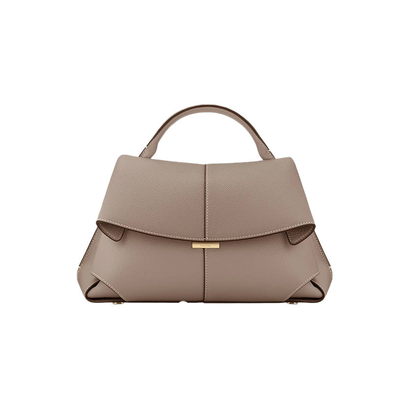 Khaki Elegant Womens Genuine Cowhide Leather Top Handle Satchel - Chic Flap Crossbody Shoulder Bag