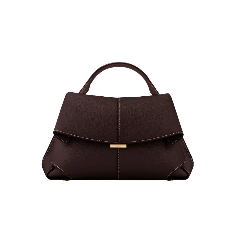 Coffee Elegant Womens Genuine Cowhide Leather Top Handle Satchel - Chic Flap Crossbody Shoulder Bag