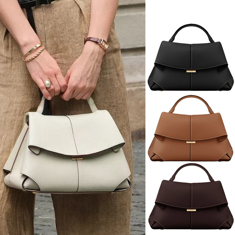 Coffee Elegant Womens Genuine Cowhide Leather Top Handle Satchel - Chic Flap Crossbody Shoulder Bag
