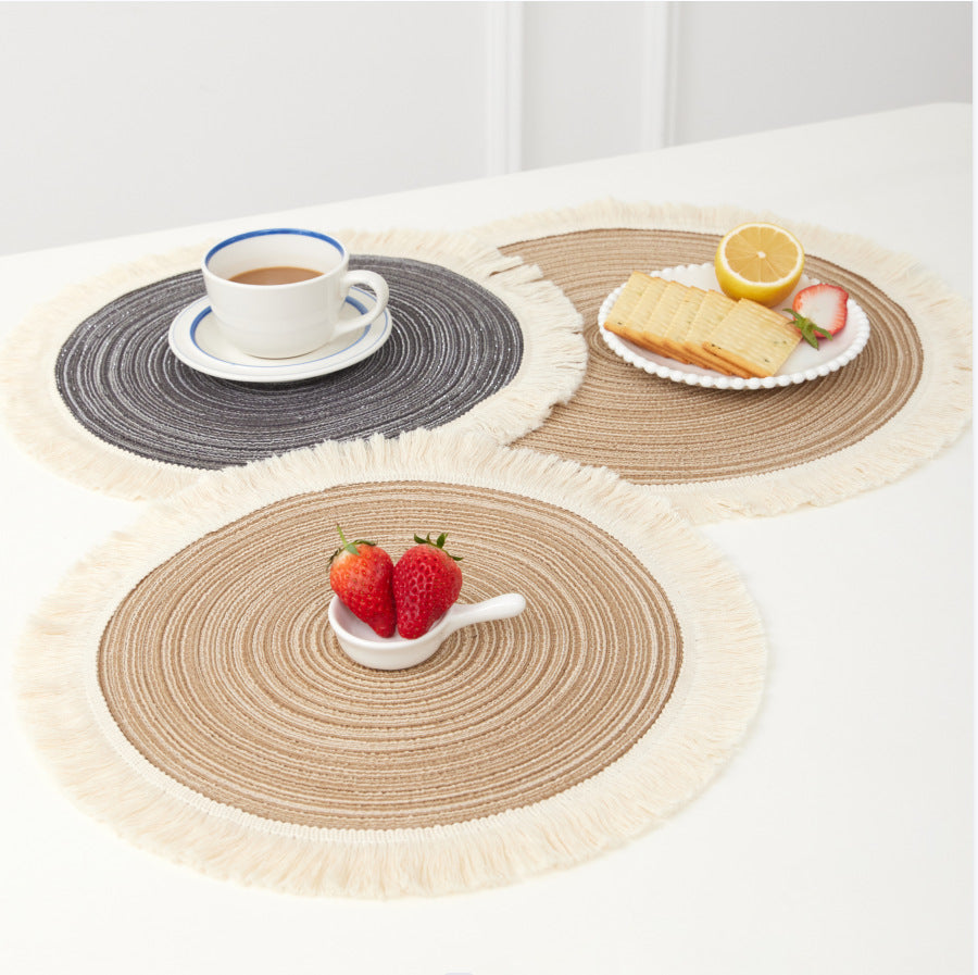 Grey Chic Round Woven Placemats with Tassel Fringe - Set of 4, Cotton Ramie Blend, Heat Resistant Table Mats