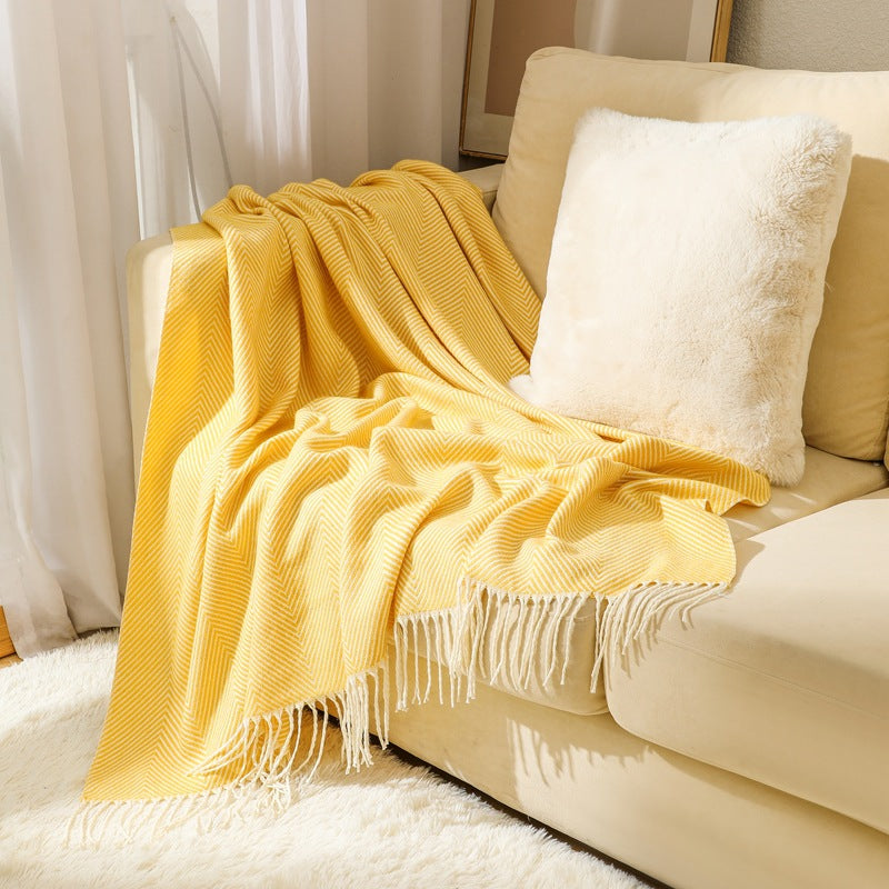 Yellow Elegant Herringbone Tassel Throw Blanket - Large Acrylic Faux Cashmere Soft Cozy Blanket for Sofa, Bed & Decor (130x240cm)