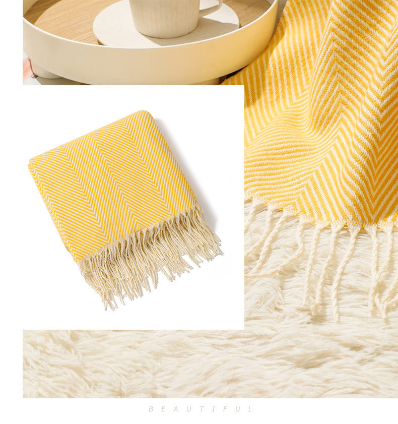 Yellow Elegant Herringbone Tassel Throw Blanket - Large Acrylic Faux Cashmere Soft Cozy Blanket for Sofa, Bed & Decor (130x240cm)